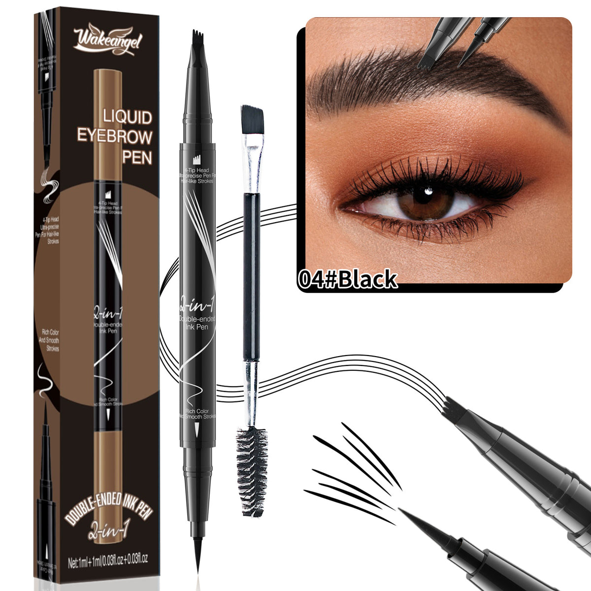 4-Prong Dual-Ended Eyebrow Liner - Quick-Dry, Waterproof, W/Spoolie Brush