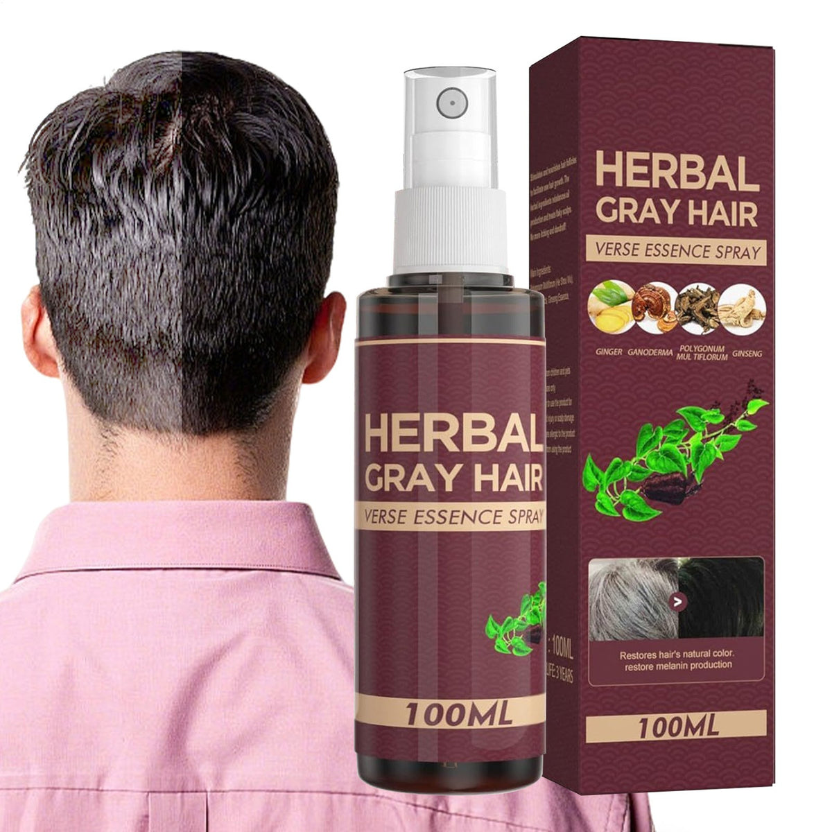100ml Herbal Gray Hair Reverse Spray - Natural Black Hair Restoration Treatment