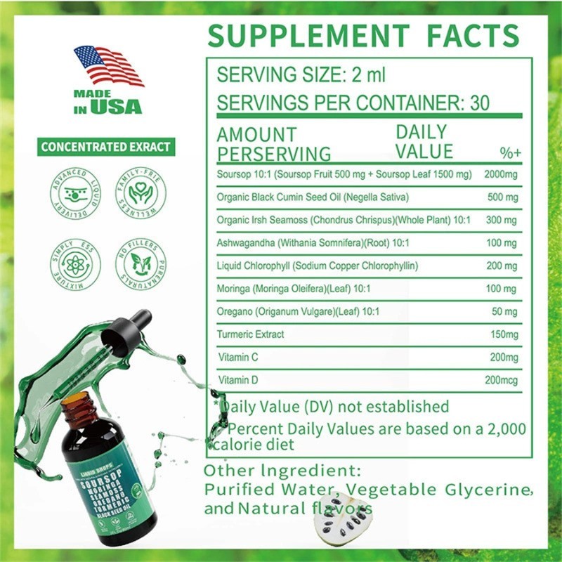 Soursop Bitters Liquid Drops with Turmeric Black Seed Support Sea Moss Moringa