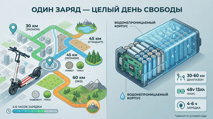 Электросамокат 36V 800W для взрослых, складной двухколесный, внедорожный, запас хода до 55 км, аккумулятор 8-13 А ч