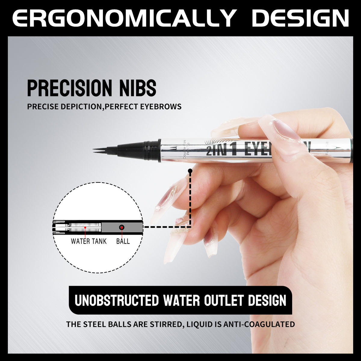 Dual-Ended Eyebrow Liner 2-Prong Tip + Blending Brush, Sweatproof Makeup