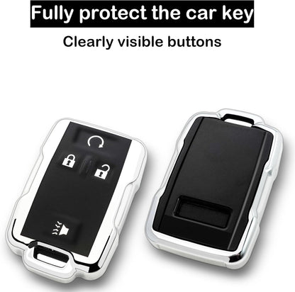 Chevy key fob cover, TPU, 4-btn, fits GMC/Chevy models, red, w/keychain.