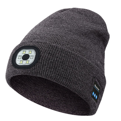 Bluetooth Beanie Hat with Light, Unisex USB Rechargeable 4 LED Headlamp Cap with