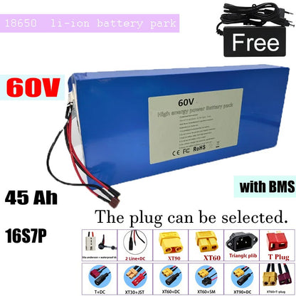60V 45Ah 16S7P Li-ion Battery Pack with BMS for High-Power E-Bike E-Scooter