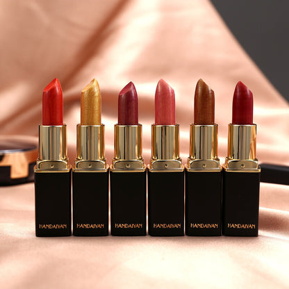 Color-Changing Pearl Lipstick Glitter Shine Metallic Gold Plated Waterproof