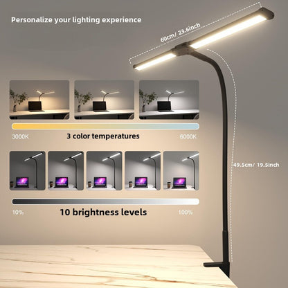 LED Desk Lamp Adjustable Gooseneck Dual Head Clip-On Eye Protection Study Light