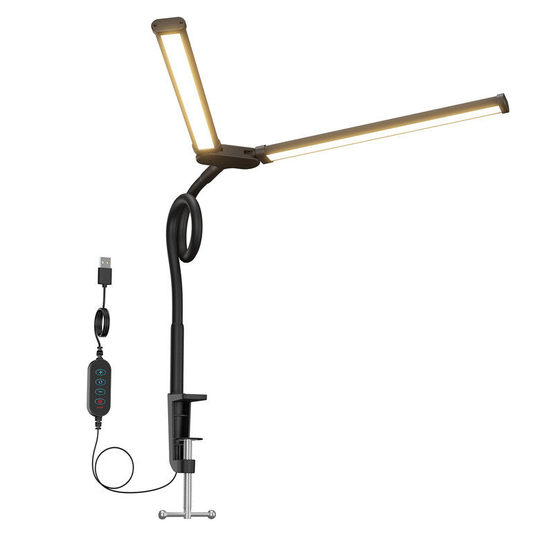 LED Desk Lamp Adjustable Gooseneck Dual Head Clip-On Eye Protection Study Light