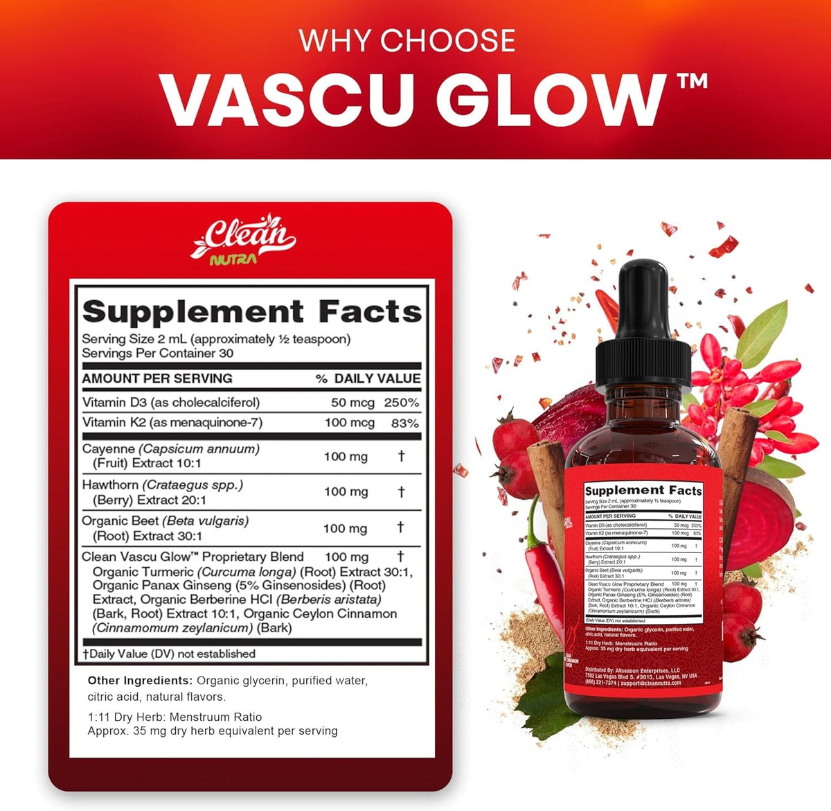 Clean Nutra Cayenne Pepper Drops Supplement Liquid Hawthorn Berry Vitamin D3 K2