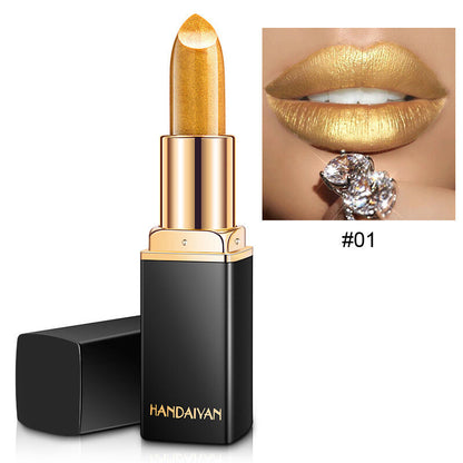Color-Changing Pearl Lipstick Glitter Shine Metallic Gold Plated Waterproof