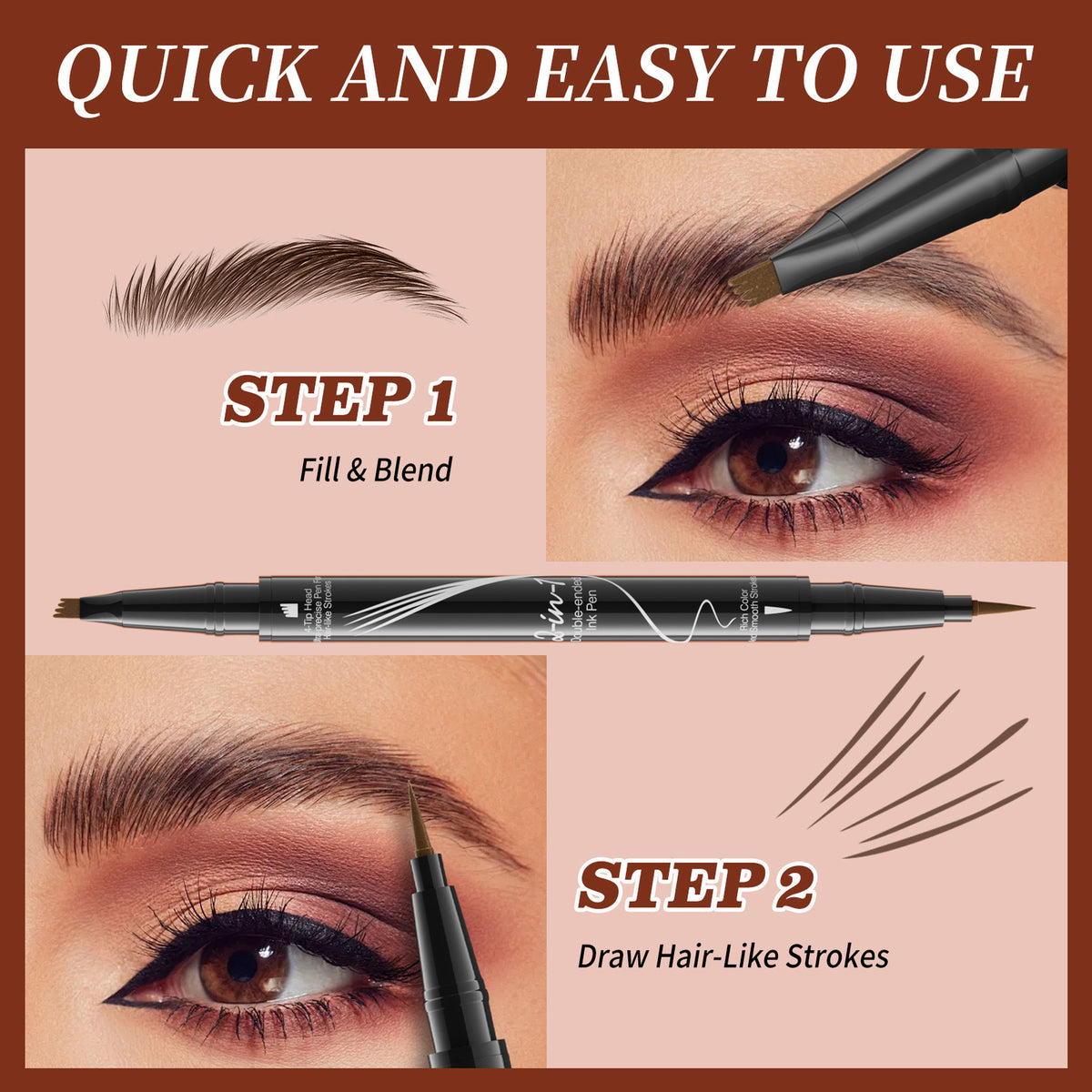 4-Prong Dual-Ended Eyebrow Liner - Quick-Dry, Waterproof, W/Spoolie Brush