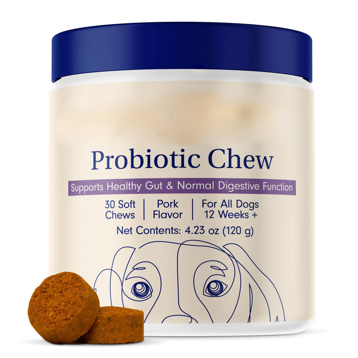 Dog Probiotics for Gut Health 30 Soft Chews Pork Flavor Digestive Support