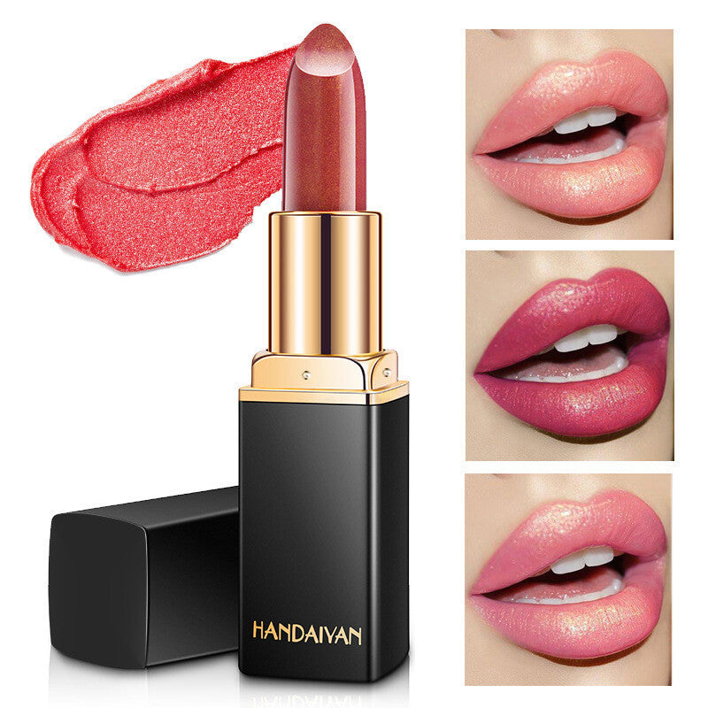Color-Changing Pearl Lipstick Glitter Shine Metallic Gold Plated Waterproof