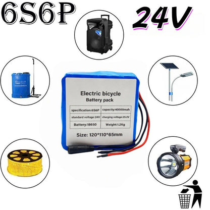 24V 40Ah Li-ion Battery Pack 6S6P w/BMS, for Electric Bicycle E-bike Scooter