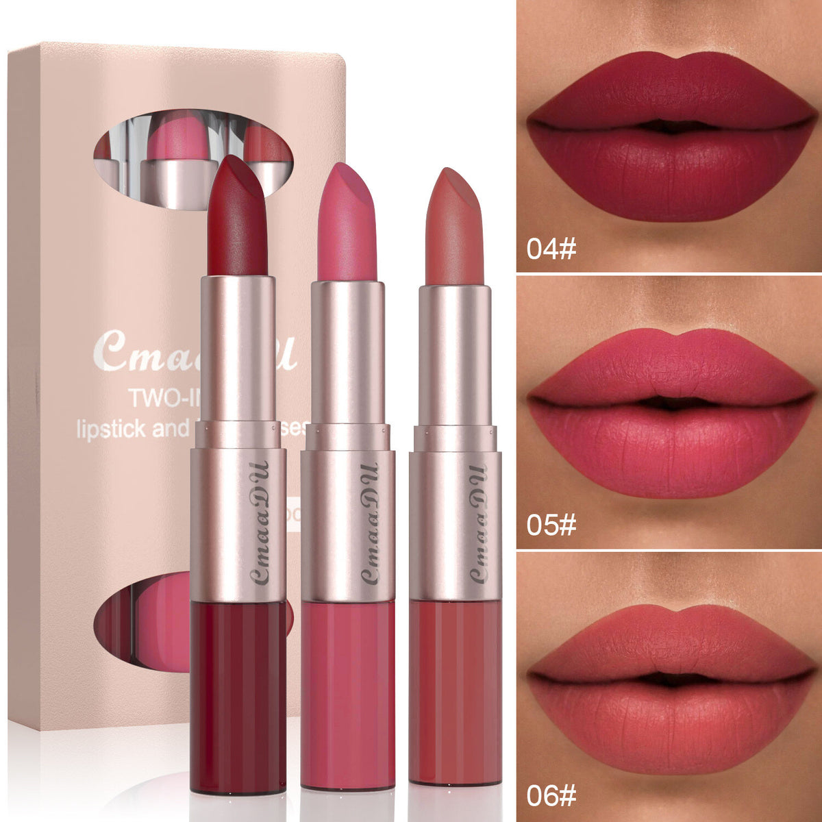 3PC 2-in-1 Double Ended Lipstick & Lip Gloss - Waterproof,Kiss Proof