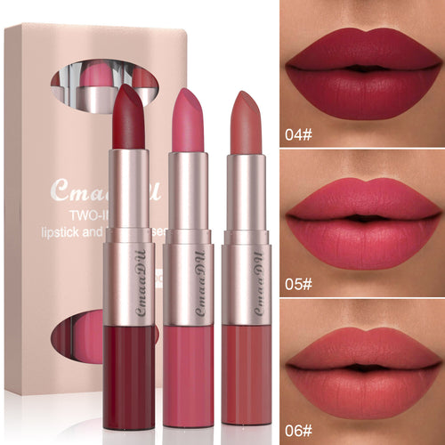 3PC 2-in-1 Double Ended Lipstick & Lip Gloss - Waterproof,Kiss Proof
