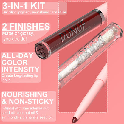 3-in-1 Lip Liner + Lips Gloss + Lip Oil 💄 Matte & Shimmer 🌸 Long Lasting