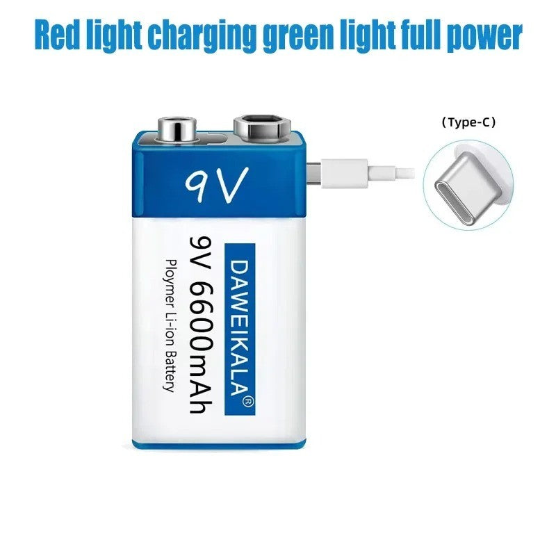 9V 6600mAh Li-ion Battery USB Rechargeable with TEYT-C Port Fast Charging
