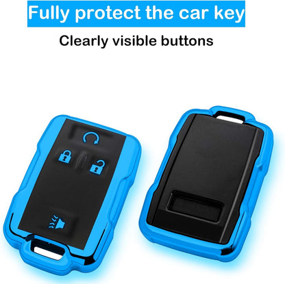 Chevy key fob cover, TPU, 4-btn, fits GMC/Chevy models, red, w/keychain.