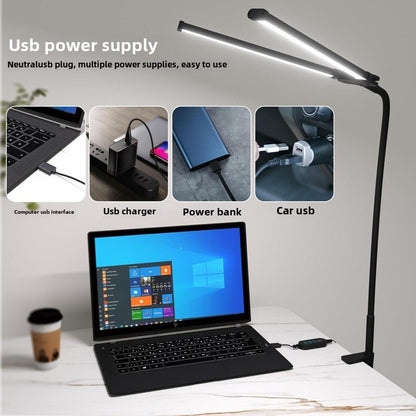 LED Desk Lamp Adjustable Gooseneck Dual Head Clip-On Eye Protection Study Light