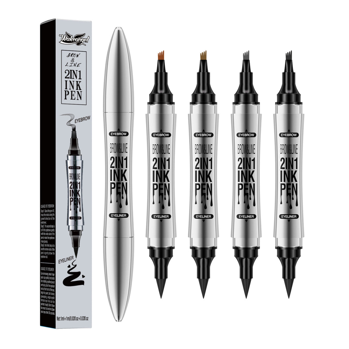 2in1 4 Forked Eyebrow Liner Brow Pen Eyeliner - Real Hair Strokes, Waterproof