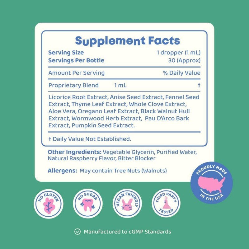 Kids Herbal Digestive Drops with Black Walnut Extract, Alcohol-Free & Raspberry