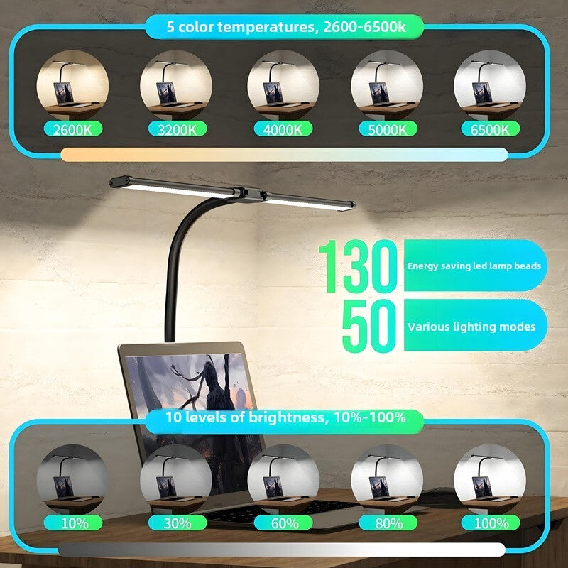 LED Desk Lamp with Clamp Double Head Desk Lamp with 360° Adjustable Gooseneck