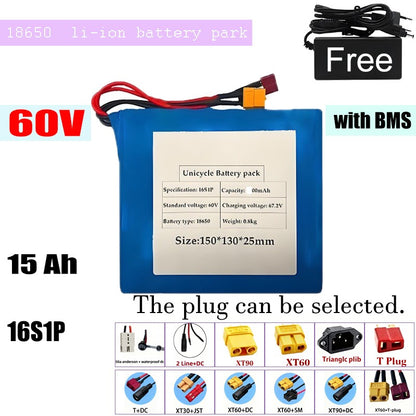 60V 15Ah 16S1P Li-ion Battery Pack with BMS for E-Bike Electric Scooter