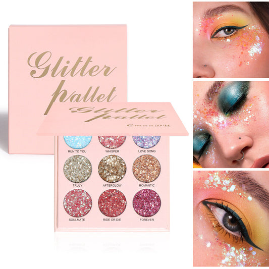 9-Color Shimmer Eye Shadow Palette - Metallic & Glitter, High Pigment