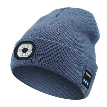 Bluetooth Beanie Hat with Light, Unisex USB Rechargeable 4 LED Headlamp Cap with