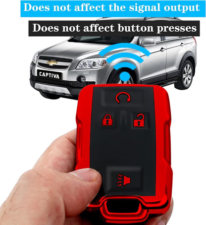 Chevy key fob cover, TPU, 4-btn, fits GMC/Chevy models, red, w/keychain.