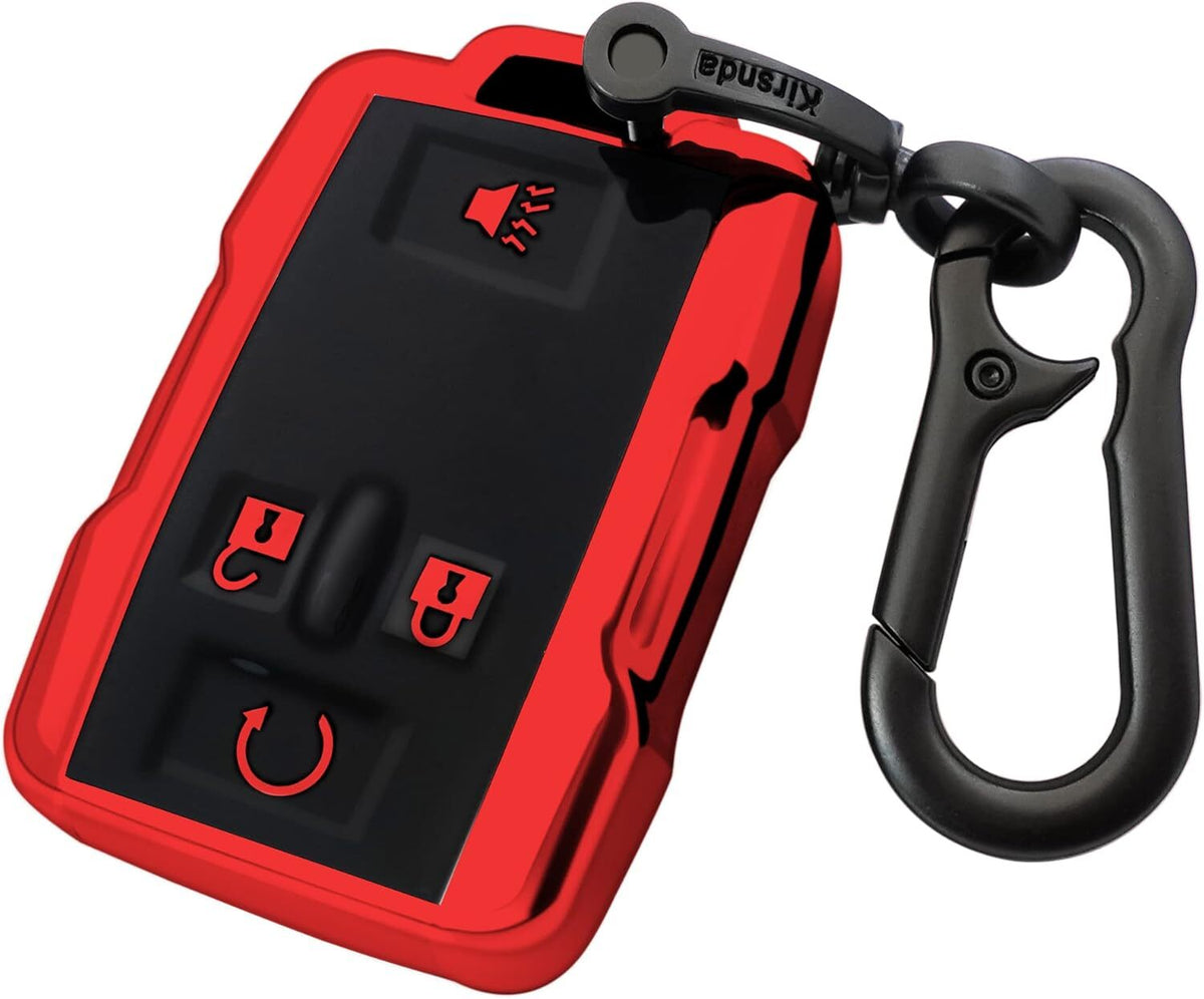 Chevy key fob cover, TPU, 4-btn, fits GMC/Chevy models, red, w/keychain.