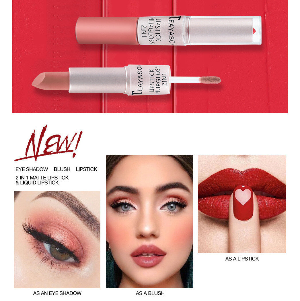 2-in-1 Lipstick & Lip Gloss Matte & Glossy Double Ended Waterproof Long Lasting
