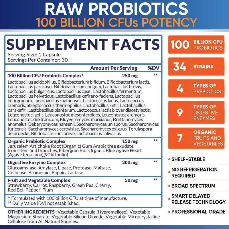 Raw Probiotics for Adults with Prebiotics and Digestive Enzymes Complete Formula