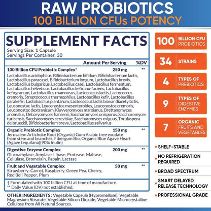 Raw Probiotics for Adults with Prebiotics and Digestive Enzymes Complete Formula