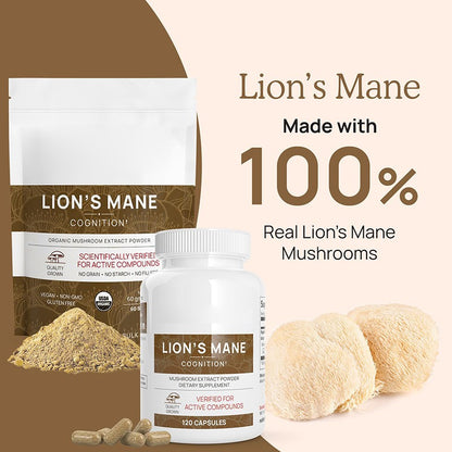 Organic Lions Mane Capsules for Cognitive Function Nerve Health 120 Count