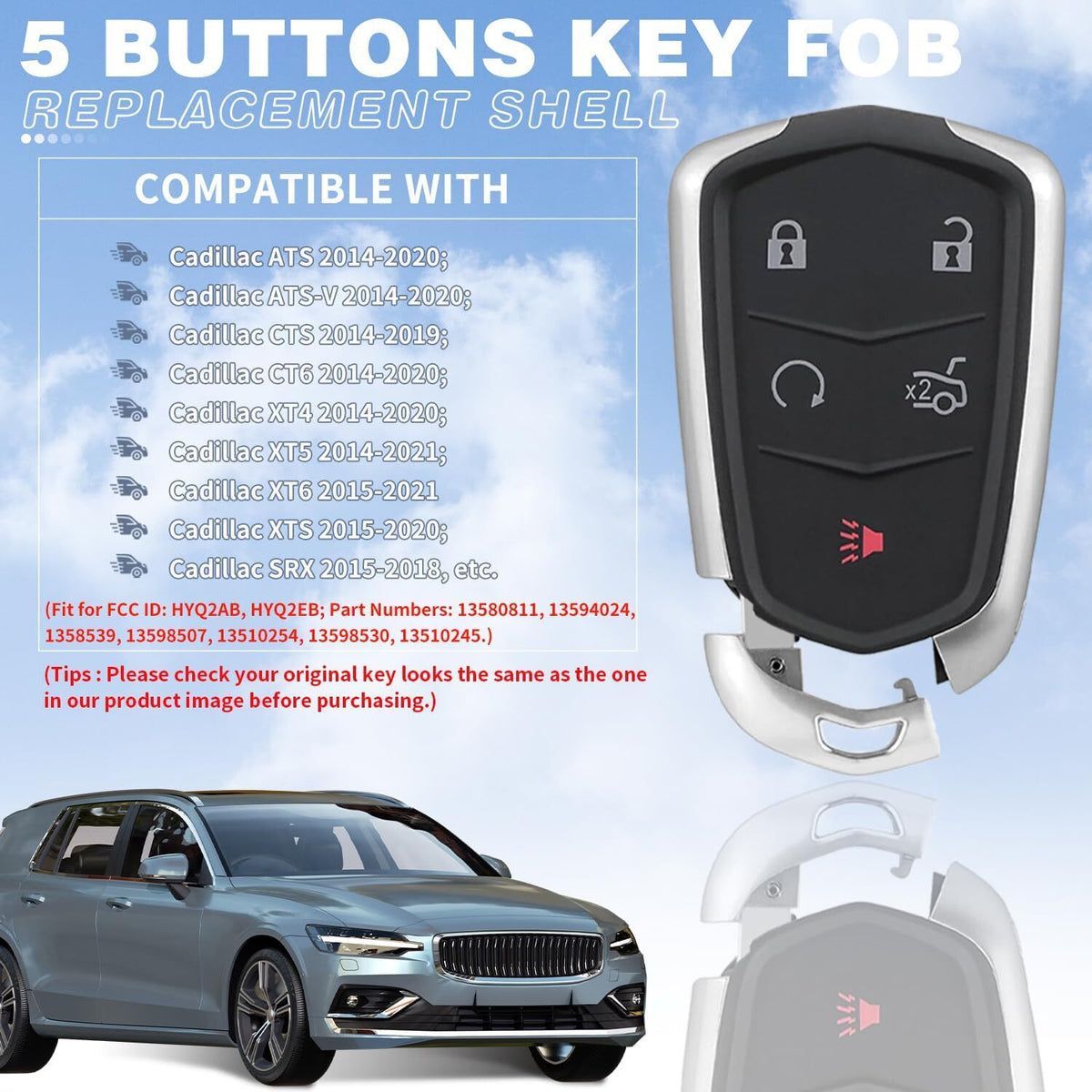5 Button Car Key Fob Shell Pad Cover for Cadillac Keyless Entry Remote Pad Cover