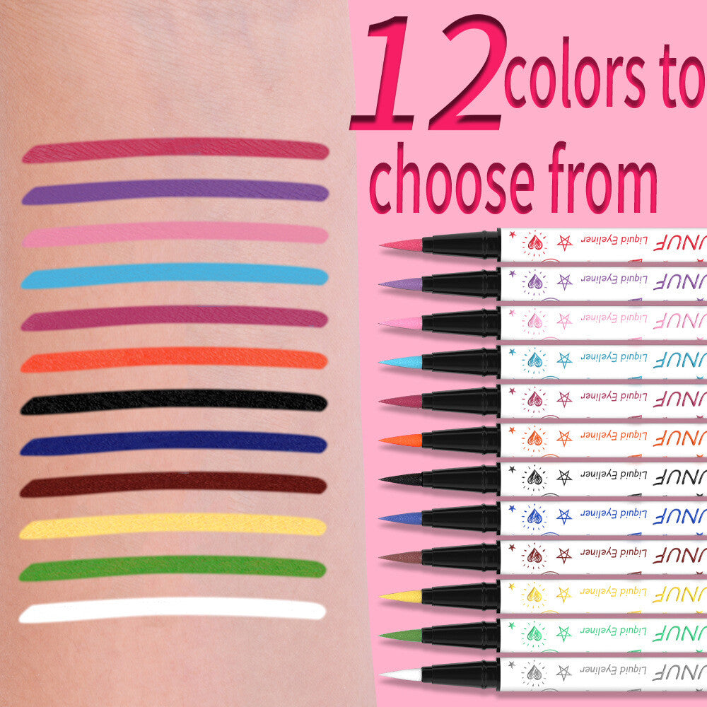 12-Color Liquid Eyeliner - Waterproof, Quick-Dry, Smudge-Proof Makeup for Women