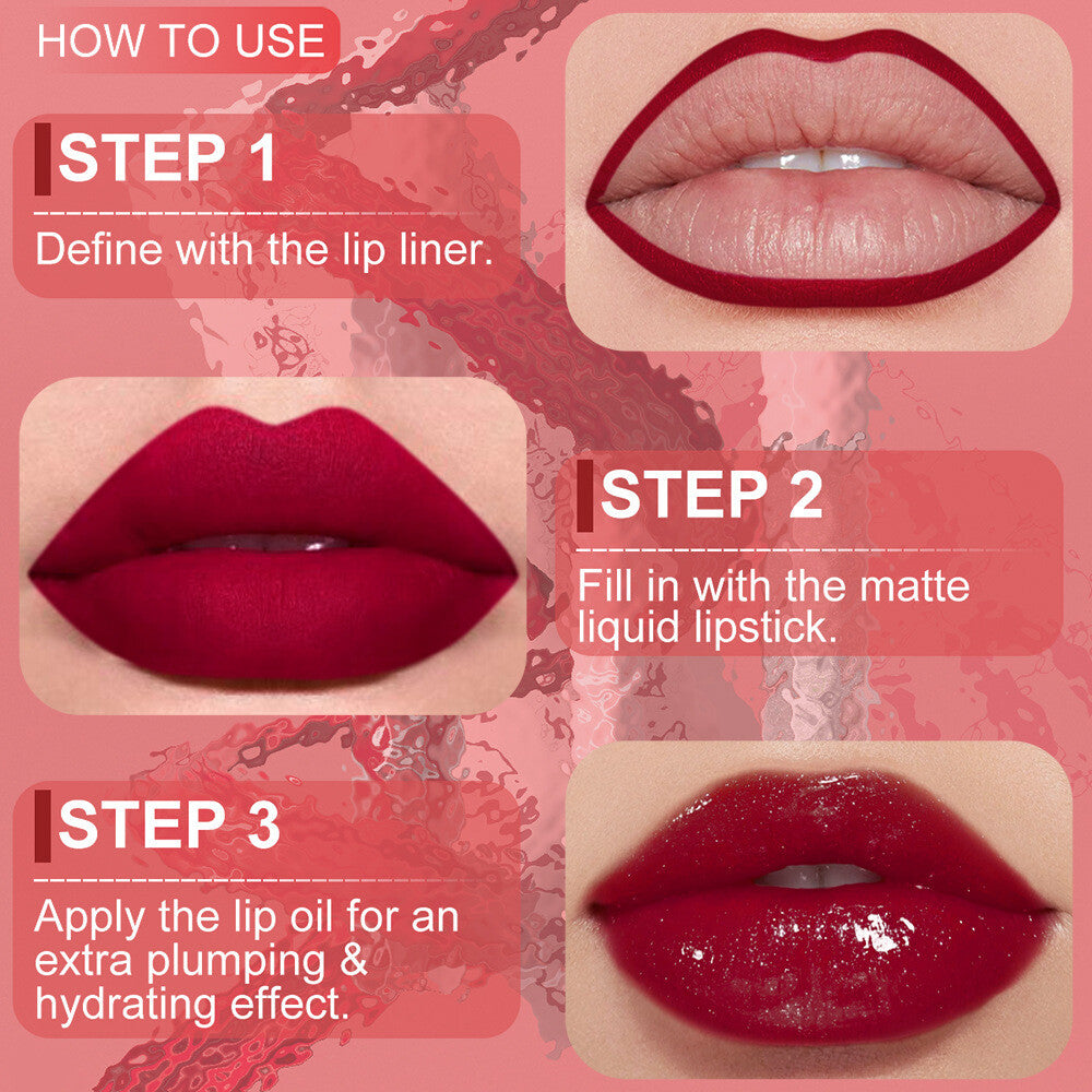 3-in-1 Lip Liner + Lips Gloss + Lip Oil 💄 Matte & Shimmer 🌸 Long Lasting