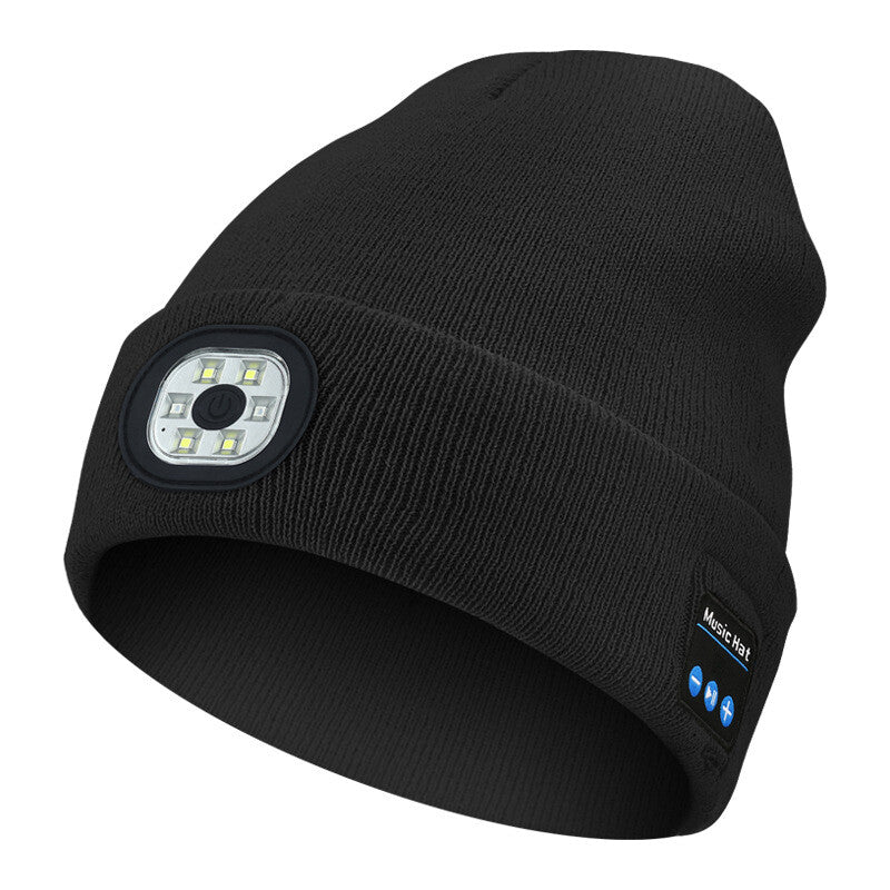 Bluetooth Beanie Hat with Light, Unisex USB Rechargeable 4 LED Headlamp Cap with