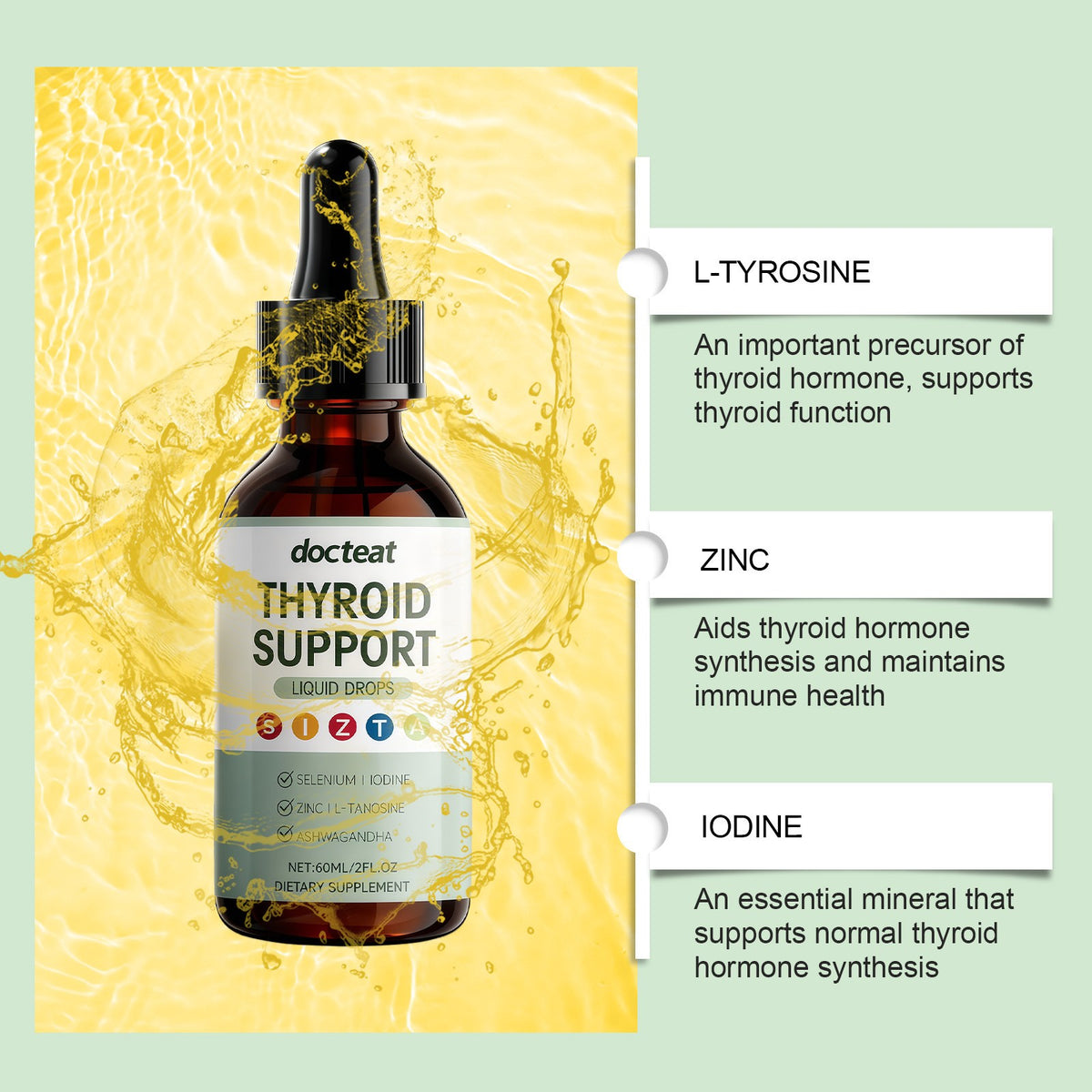 Thyroid Support Liquid Drops with Selenium Iodine Zinc L Tyrosine Ashwagandha