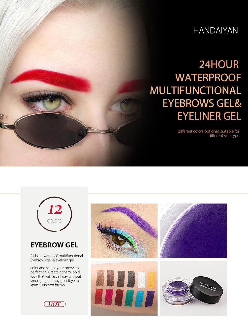 12-Color Eyebrow Liner & Mascara with Brush- Waterproof For Sparse Brows