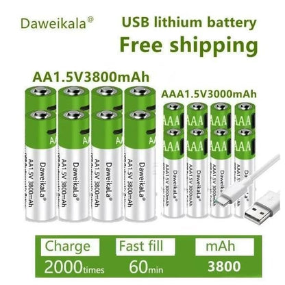 1.5V USB Rechargeable AA AAA Lithium Batteries 3000mAh- 3800mAh