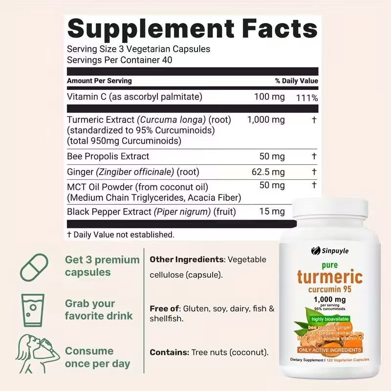 Sinpuyle Pure Turmeric Curcumin 95 Supplement-1 Bottle 1000mg 120 Capsules