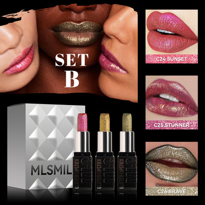 3pc/box Metallic Glitter Lipstick Set for women 6 color Waterproof Smudge Proof