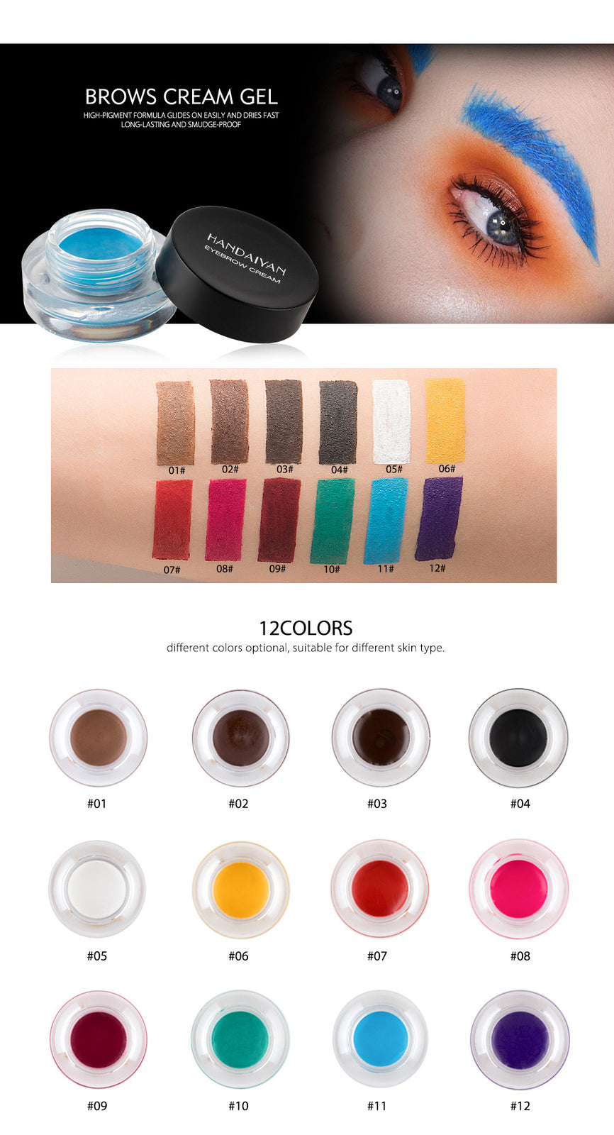 12-Color Eyebrow Liner & Mascara with Brush- Waterproof For Sparse Brows