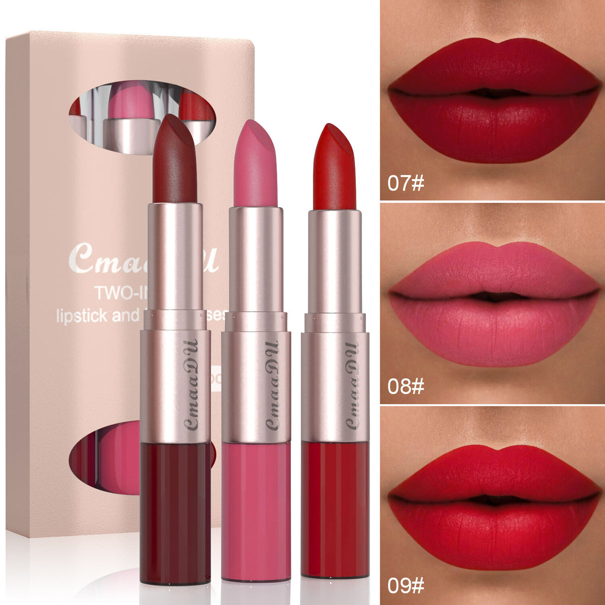 3PC 2-in-1 Double Ended Lipstick & Lip Gloss - Waterproof,Kiss Proof