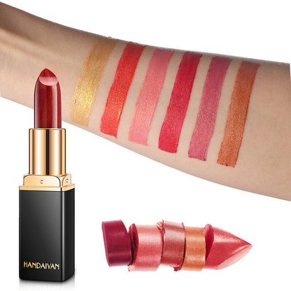 Color-Changing Pearl Lipstick Glitter Shine Metallic Gold Plated Waterproof