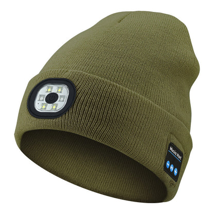 Bluetooth Beanie Hat with Light, Unisex USB Rechargeable 4 LED Headlamp Cap with