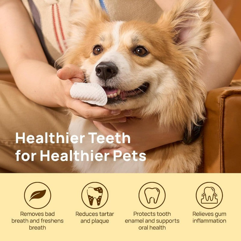 Pet Teeth Cleaning Finger Wipes for Dogs & Cats to Reduce Plaque & Tartar