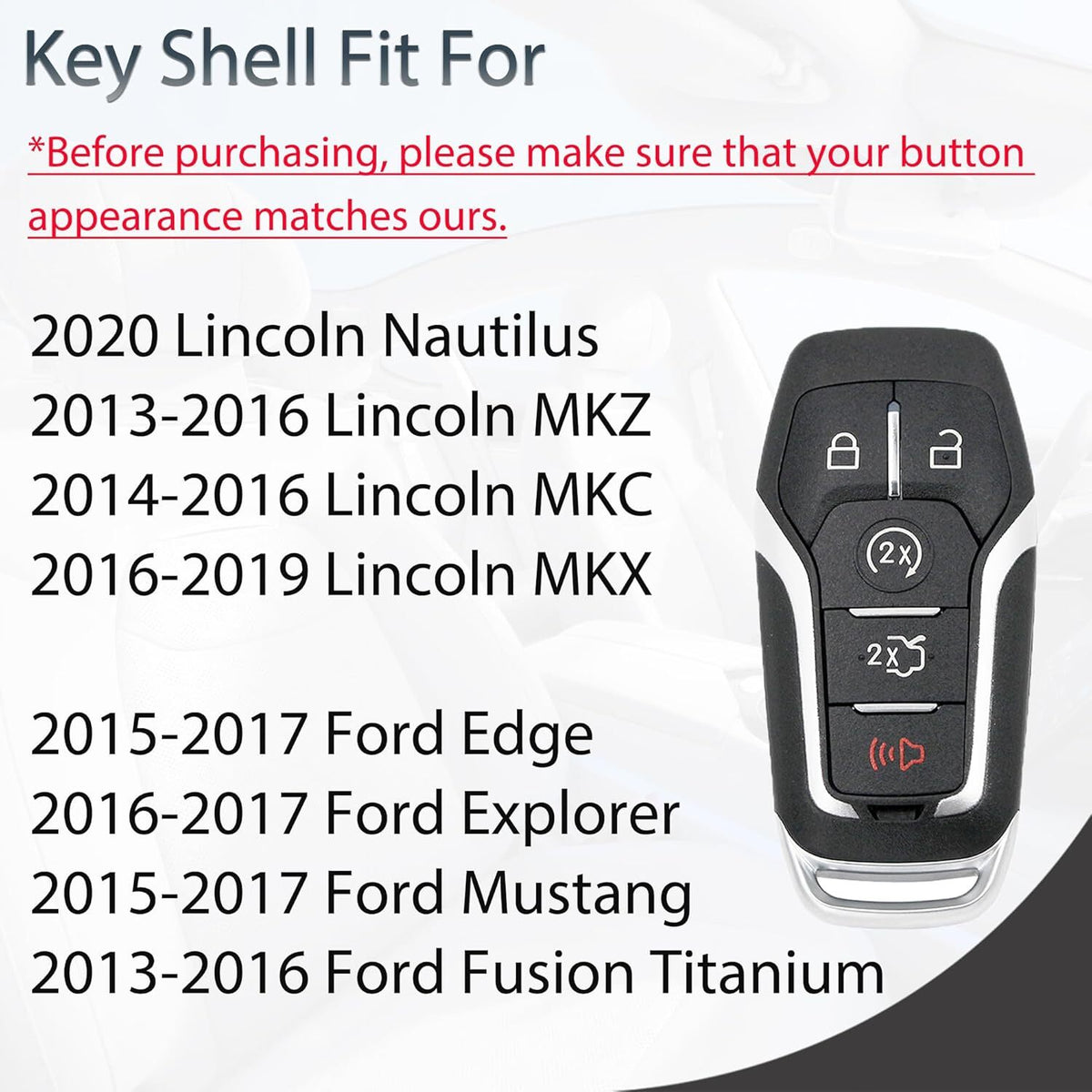 Key Fob Shell Case For Ford/Lincoln Replacement Fits 5 Button Pad Cover